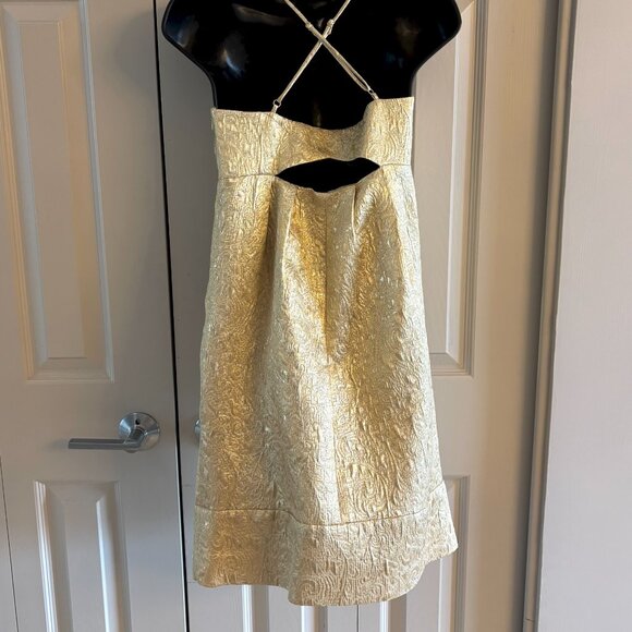 BCBG Gold Brocade Mini Dress – Adjustable Straps, Fully Lined, Elegant Cutout 4 - Picture 5 of 11